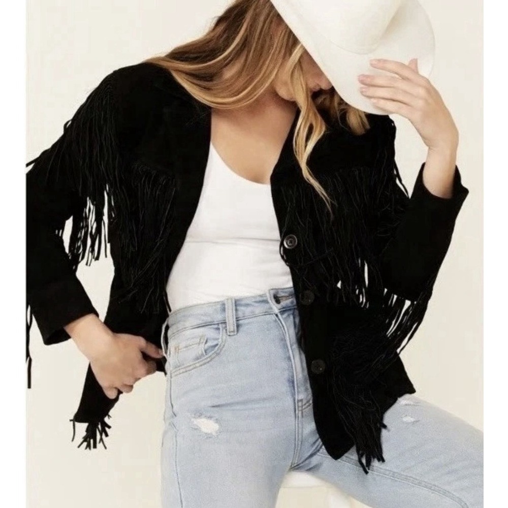 Denim & Co Black Suede Leather Fringe Western Jacket XS Cowgirl Boho Festival